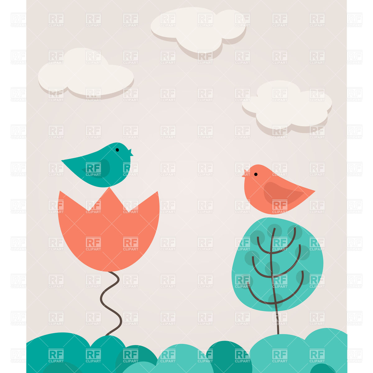 Landscape with two cartoon birds, tree and flower on cloudy sky ...