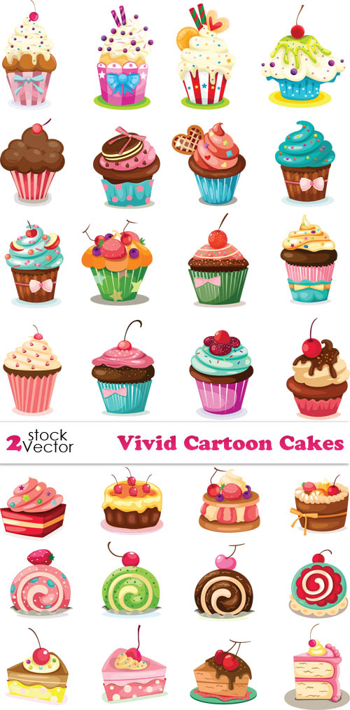 Пирожное, кексы - десерты в векторе. Cartoon cakes