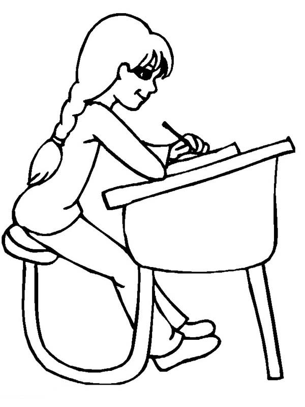 A School Girl Study Seriously on First Day of School Coloring Page ...