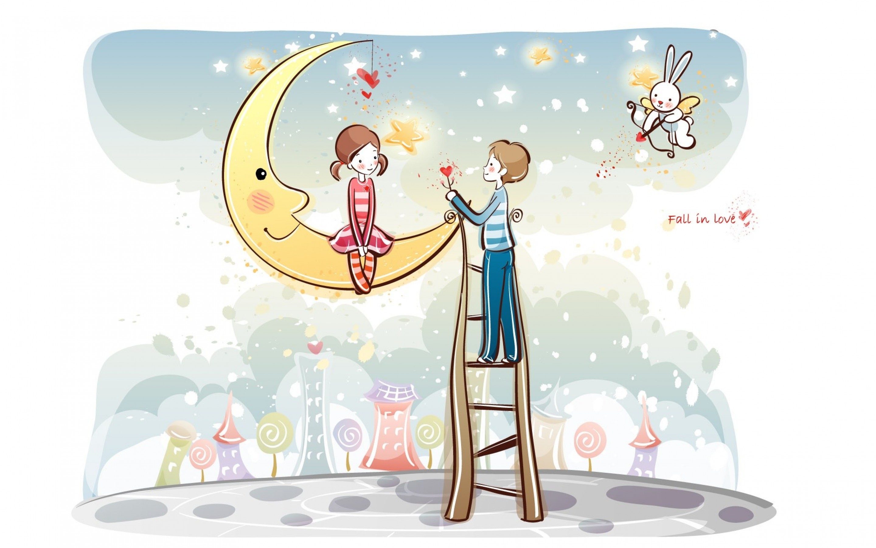 Cartoon Couple, moon, love, digital-art, 2880x1800 wallpaper
