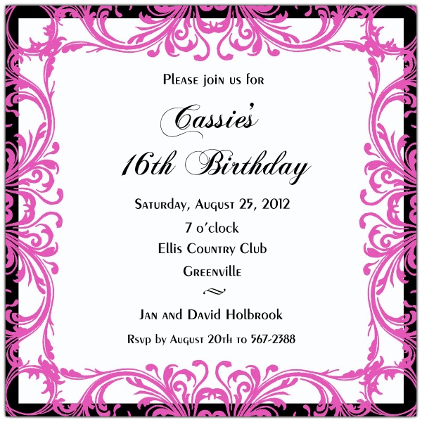 Pink and Black Swirl Border Sweet 16 Invitations | PaperStyle