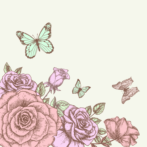Retro hand drawn flowers background design 02 - Vector Background ...