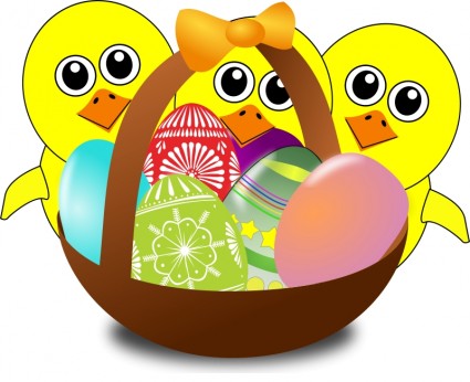 Funny Chicks Cartoon with Easter eggs in a basket Vector clip art ...