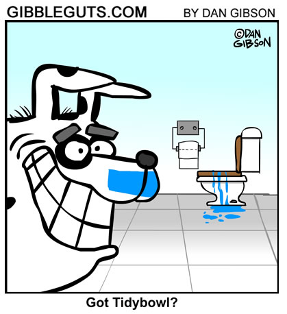 Cartoon dog drinking from the toilet cartoon from Gibbleguts.com