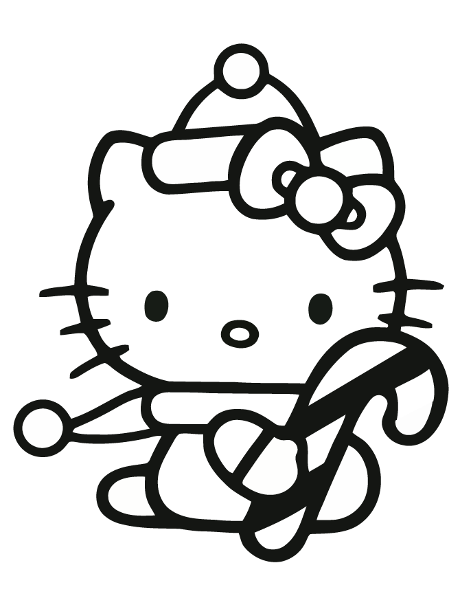Hello Kitty Holding Candy Cane Coloring Page | HM Coloring Pages