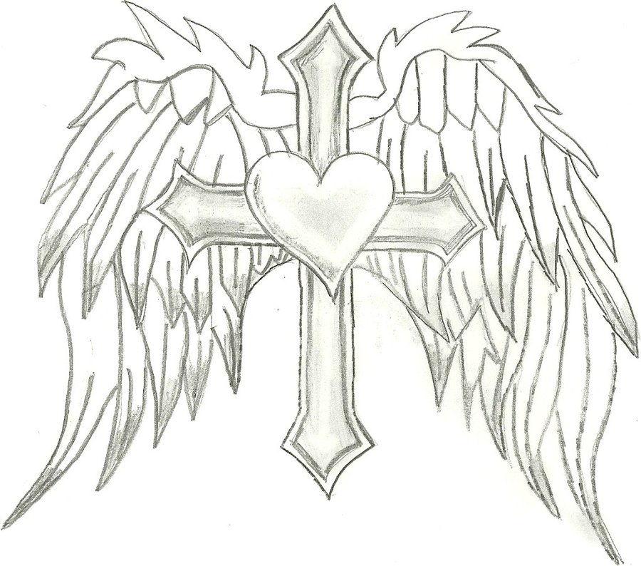 Heart with Wings and Cross Drawings, coloring page cross ...
