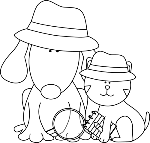 Black and White Detective Dog and Cat Clip Art - Black and White ...