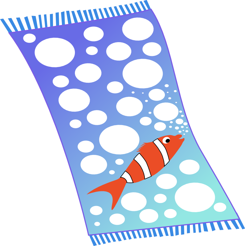 Clipart - Towel blue with white bubbles and red fish with white strips