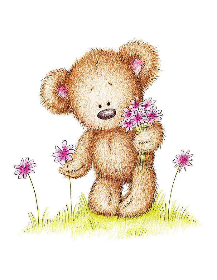 Teddy Bear With Pink Flowers by Anna Abramska