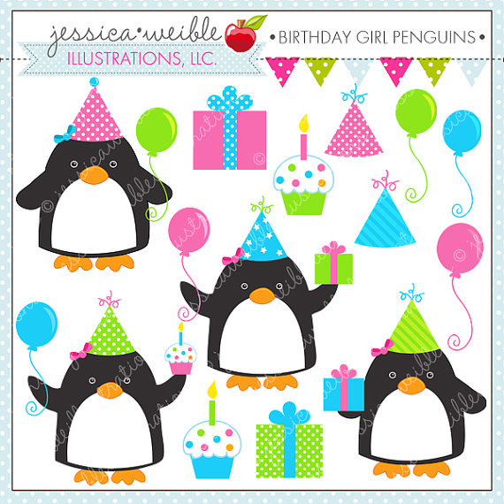 Birthday Girl Penguins Cute Digital Clipart for by JWIllustrations