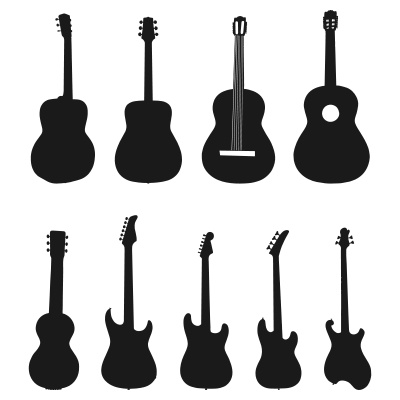 Guitar Silhouettes, Black and White Electric + Acoustic Guitars ...