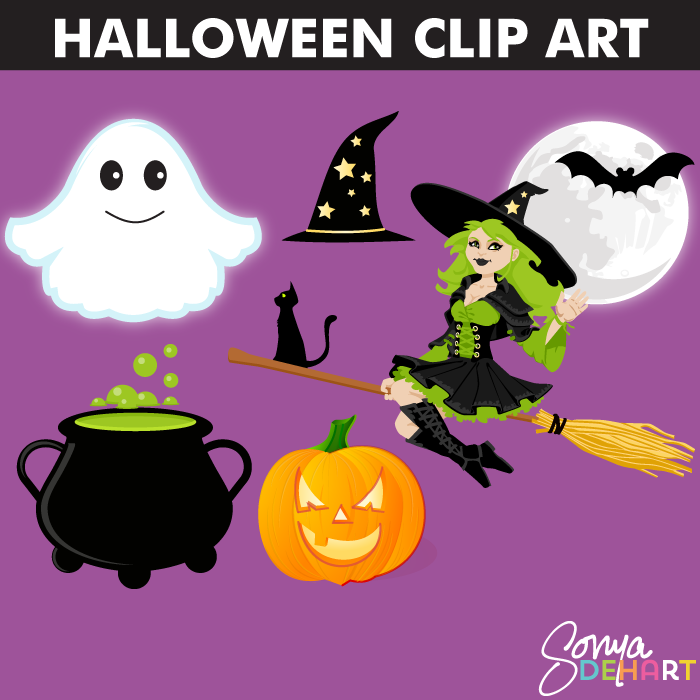 Clip Art Halloween Set Witch Ghost Cauldron Bat Moon and Pumpkin