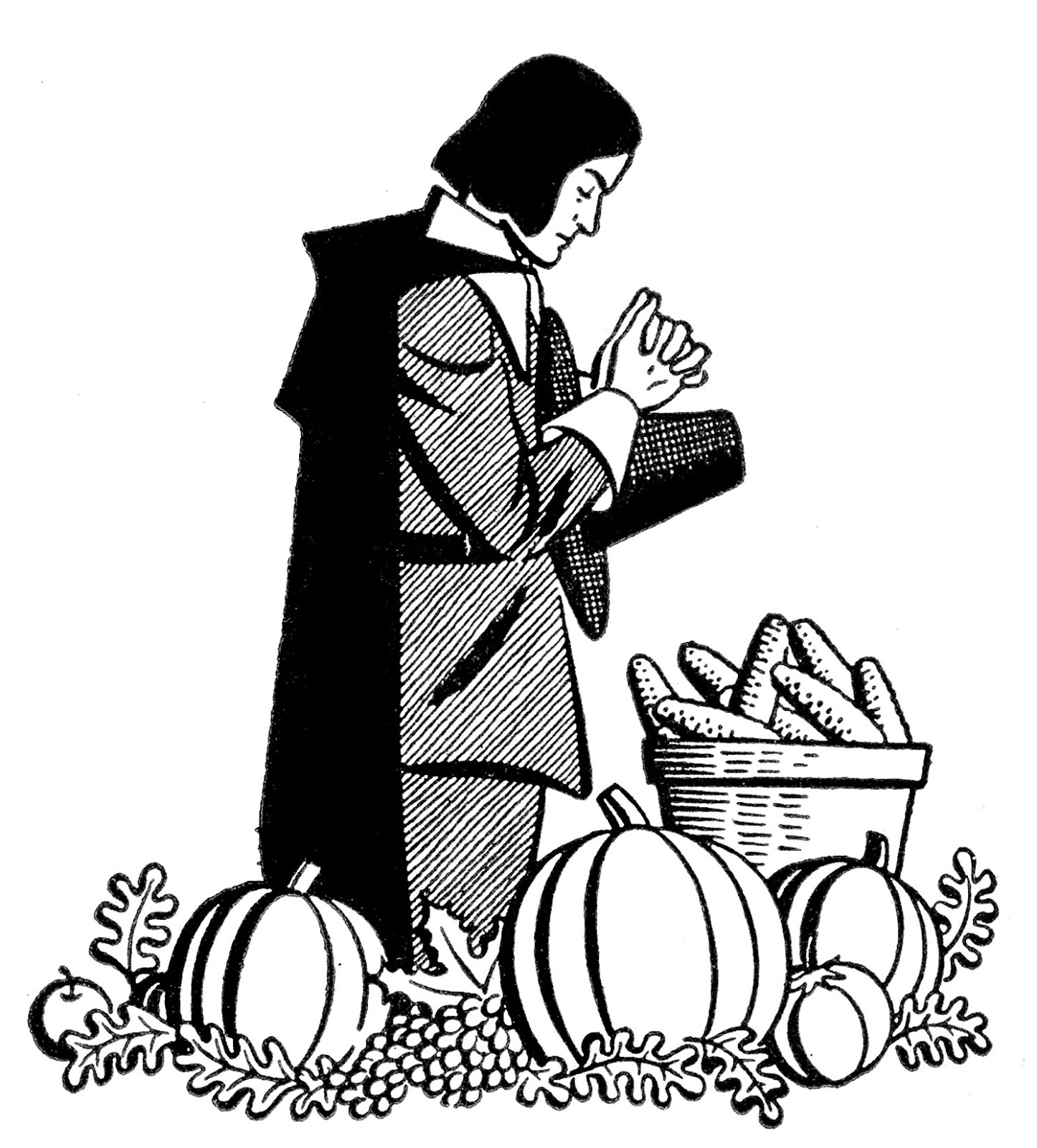 Vintage Thanksgiving Clip Art - Pilgrim Praying - The Graphics Fairy