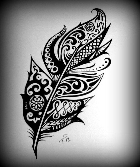 Tribal Henna Feather Art Drawing Custom Ink Drawing Black & White ...