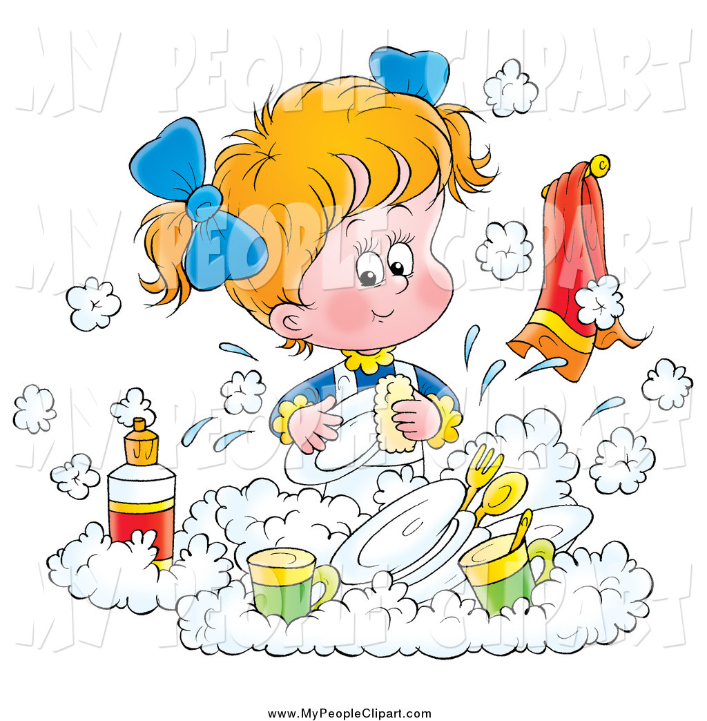 Clip Art of a Little Girl Happily Washing Dishes in a Soapy ...