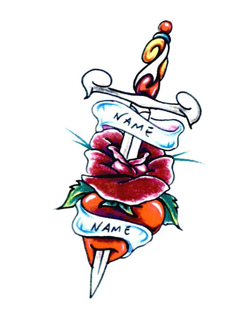 Dagger Flower Heart Name Tattoo | Free Design Ideas