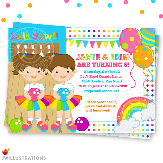 Girly Rainbow Bowling TWINS - BRUNETTE - Printable Invitation ...