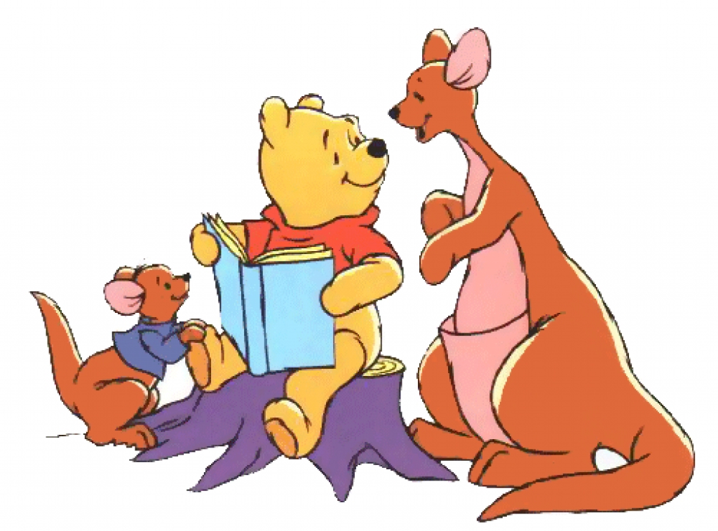Winnie the pooh reading a book to his friends two kangaroos