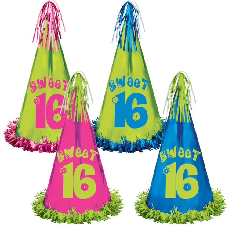 Fringed Foil Sweet 16 Birthday Party Hat (
