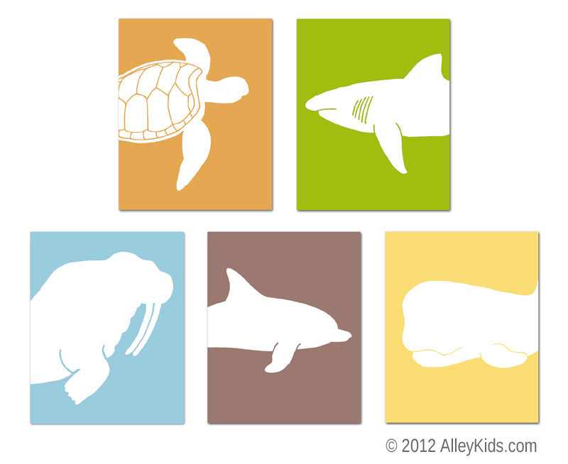 Ocean Life Nursery Art - turtle, shark, whale, dolphin and a ...