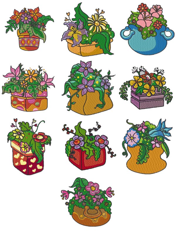 Machine Embroidery Designs - Flower Pots Set