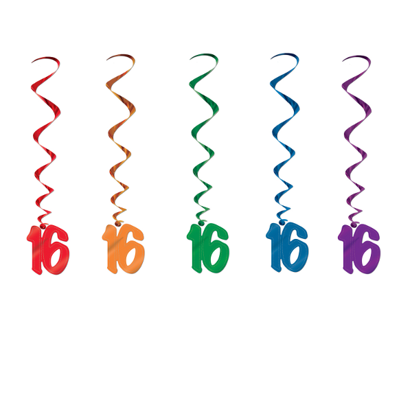 16th Birthday Dangling Multicolor Whirls | Wally's Party Supply Store