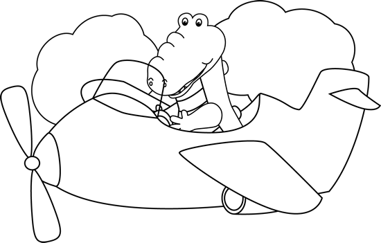 Black and White Alligator Flying an Airplane Clip Art - Black and ...