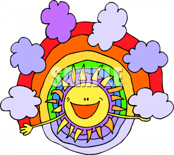 Clip Art Picture of a Happy Sun with a Rainbow