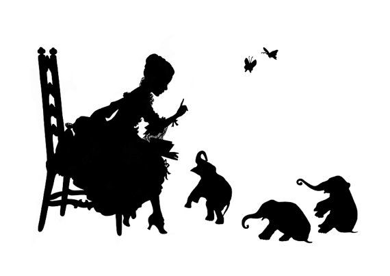 Silhouette Girl reads to Baby Elephants Victorian Steampunk art print