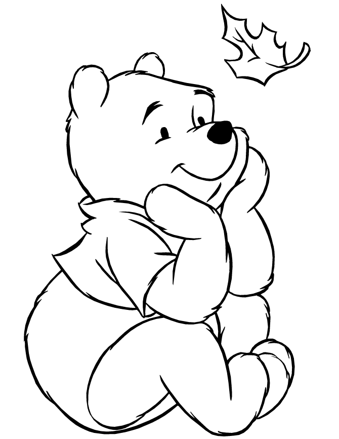 Disney Pooh Bear Staring At Leaf Coloring Page | HM Coloring Pages