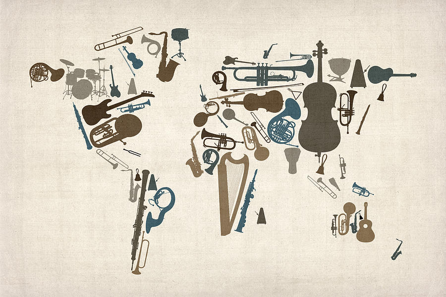 Musical Instruments Map Of The World Map by Michael Tompsett
