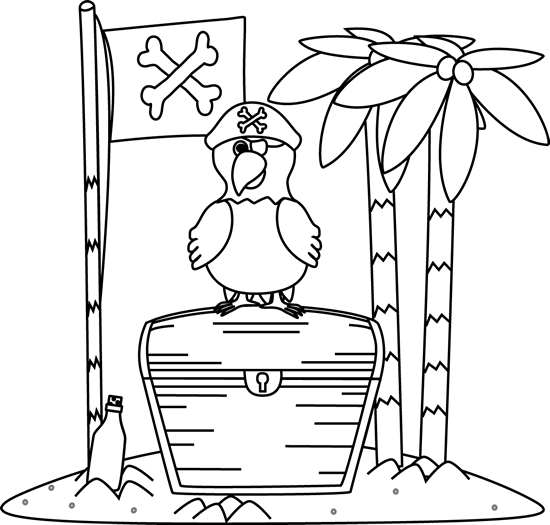 Black and White Pirate Parrot and Flag on an Island Clip Art ...