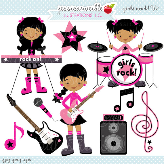 Girls Rock V2 Cute Digital Clipart Commercial by JWIllustrations