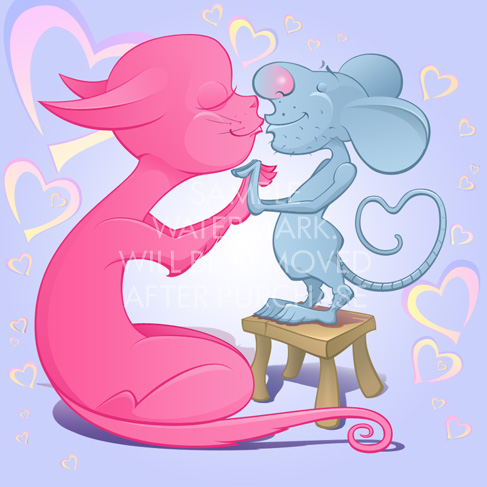 Cartoon illustration depicting a kissing couple: a cat and a mouse ...