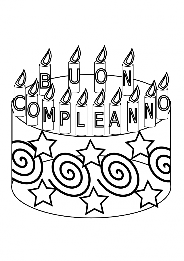 Compleanno Happy Birthday Cake Black White Line Art Coloring Book ...
