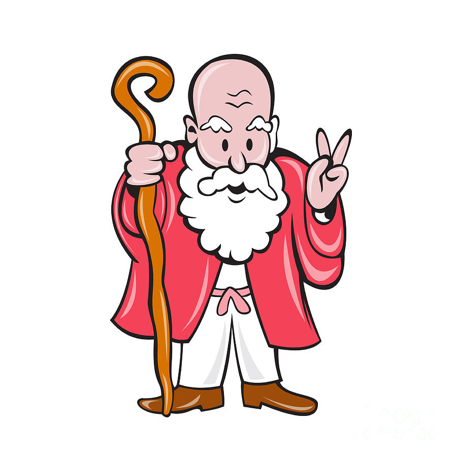 Bearded Old Man Staff Peace Sign Cartoon by Aloysius Patrimonio