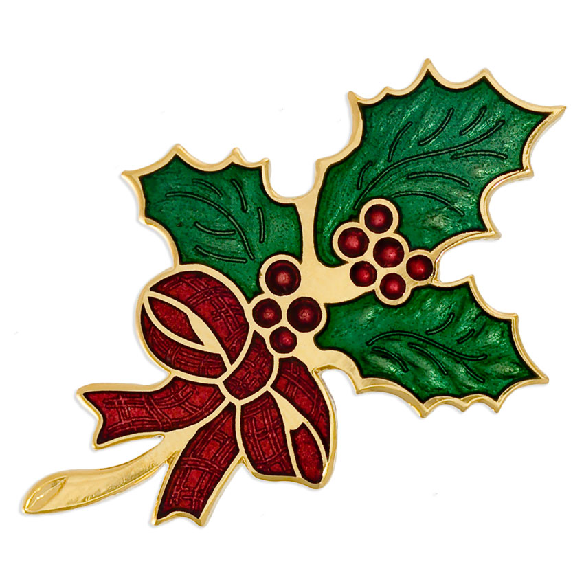 Red Bow Holly Sprig Brooch - Christmas Season Jewellery