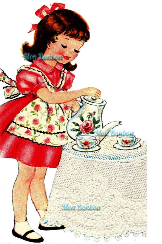 Cute Retro Tea Time Little Girl Illustration .PnG - DIY Printable - D…