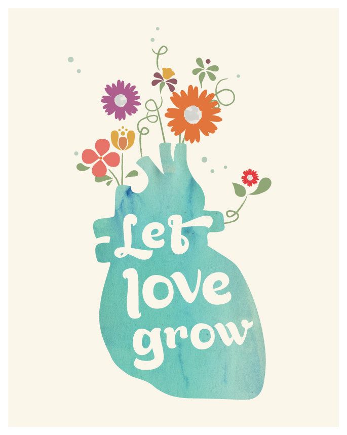 Let Love Grow, watercolor heart, flower illustration Valentine's Day:…