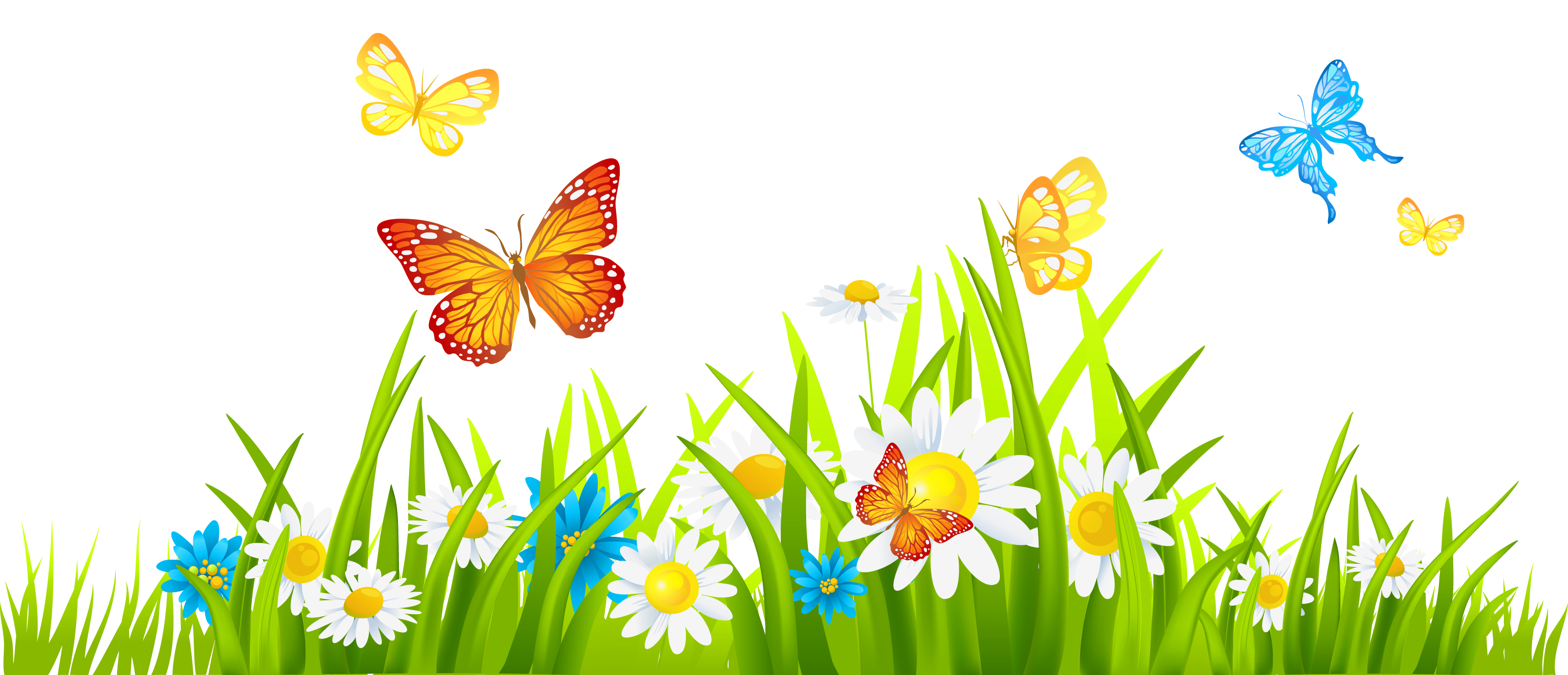 Grass Ground with Flowers and Butterflies PNG Clipart