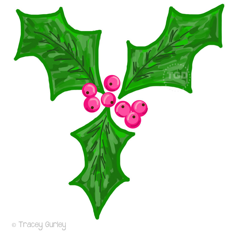 Holly with Pink Berries Clip Art Original by TraceyGurleyDesigns