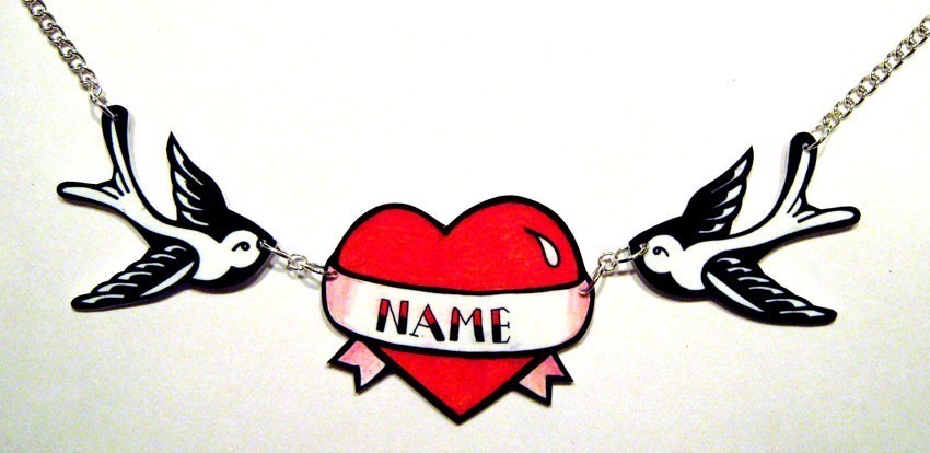 Pin Necklace Custom Heart Banner Rockabilly Tattoo 50s Personal ...