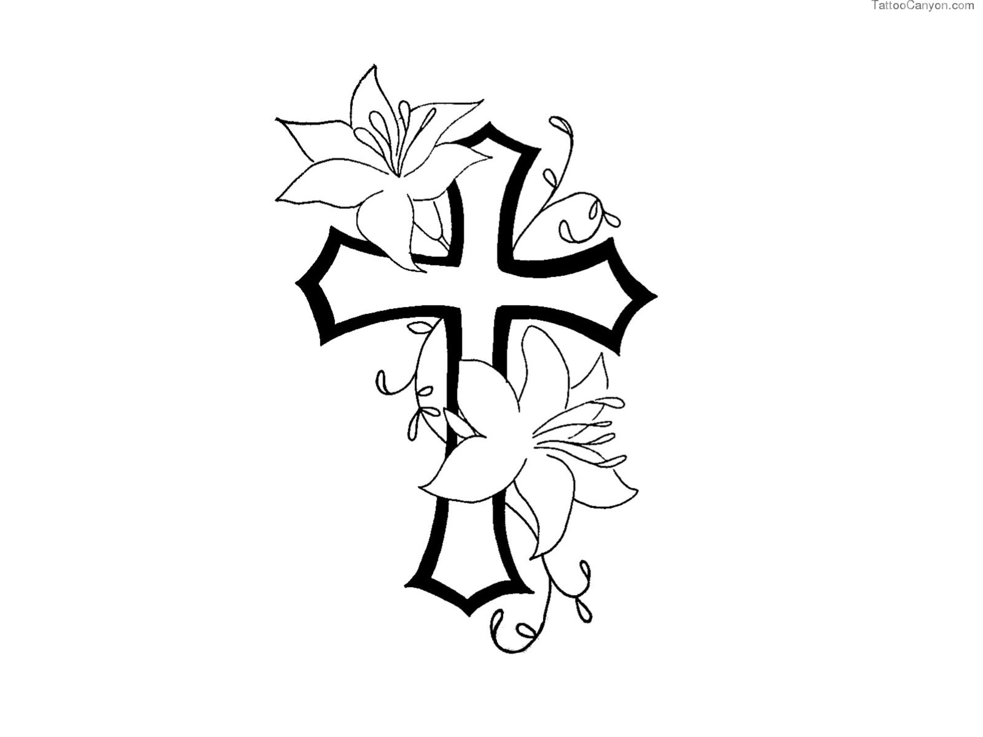 Free Designs Cross With Flower Contour Tattoo Wallpaper Picture #