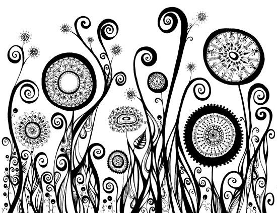 Black and White Art Print - Line Drawing of Five Circular Flowers ...
