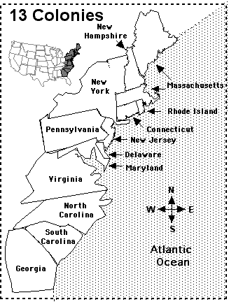 13 Colonies Map/Quiz Printout - EnchantedLearning.com