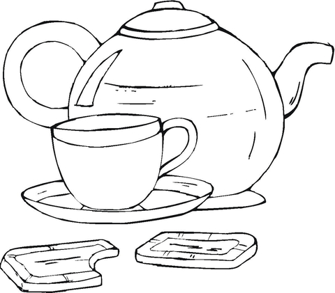 Teapot and Cup Of Tea with cookies Coloring page | Free Printable ...