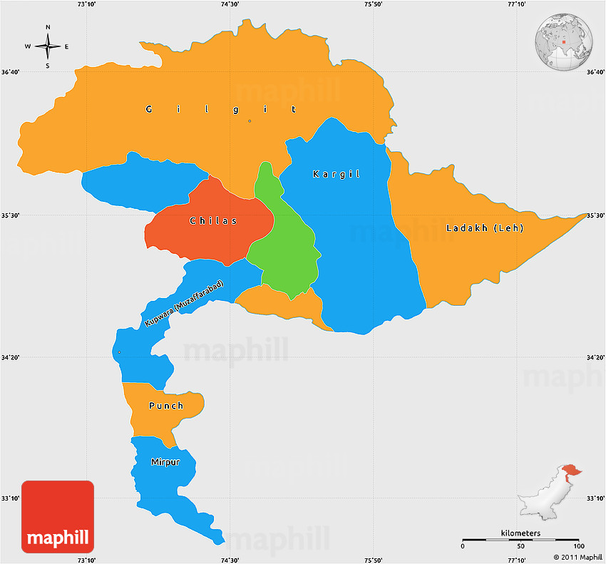 Political Simple Map of Jammu and Kashmir, single color outside