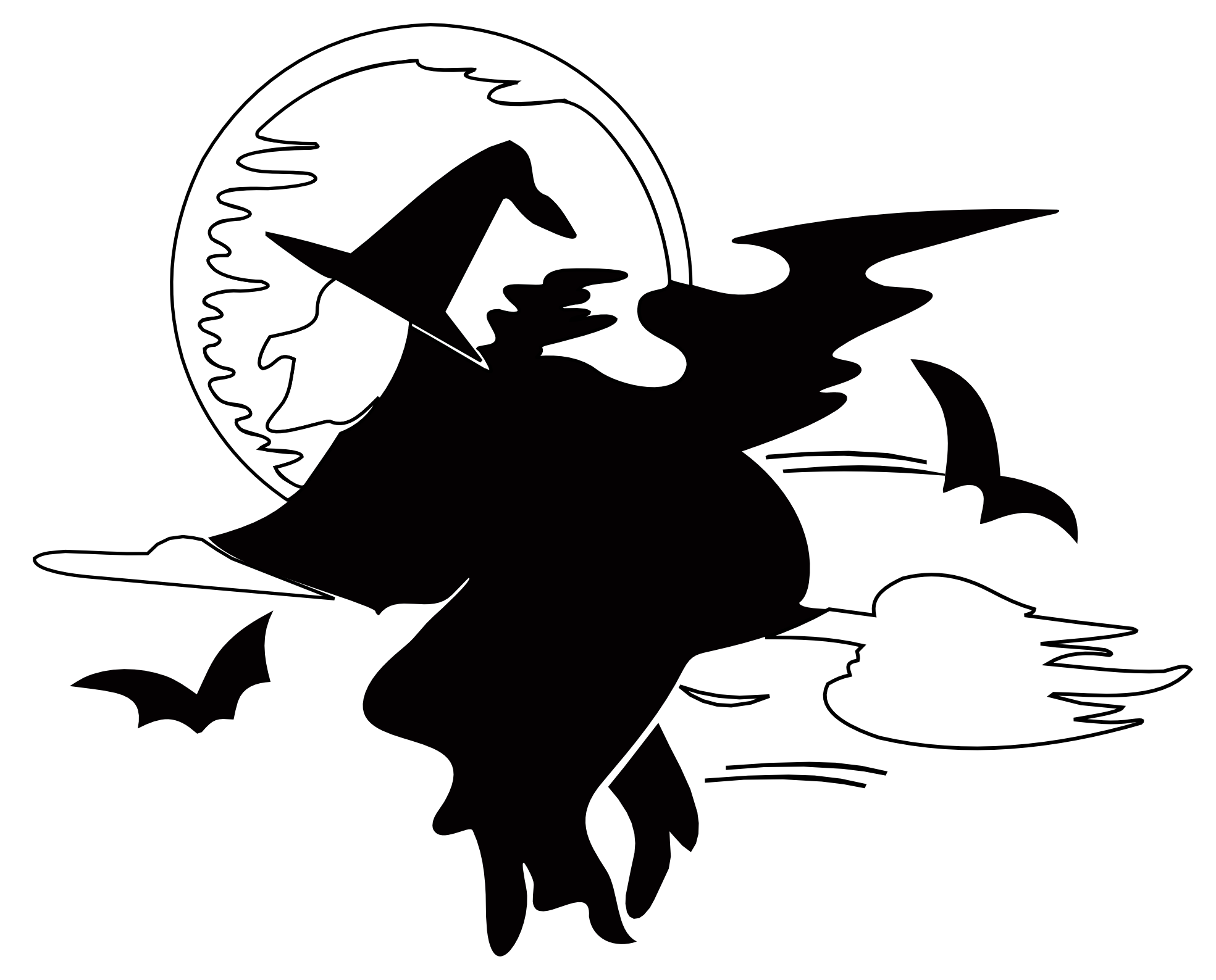 Lakeside Witch over Harvest Moon Halloween Black White Line Art ...