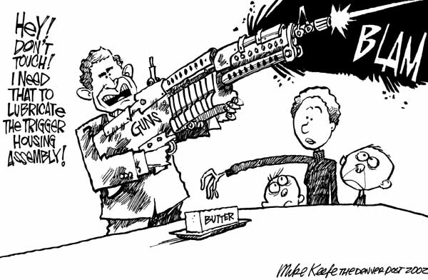 Guns and Butter - Mike Keefe Political Cartoon, 02/10/2002