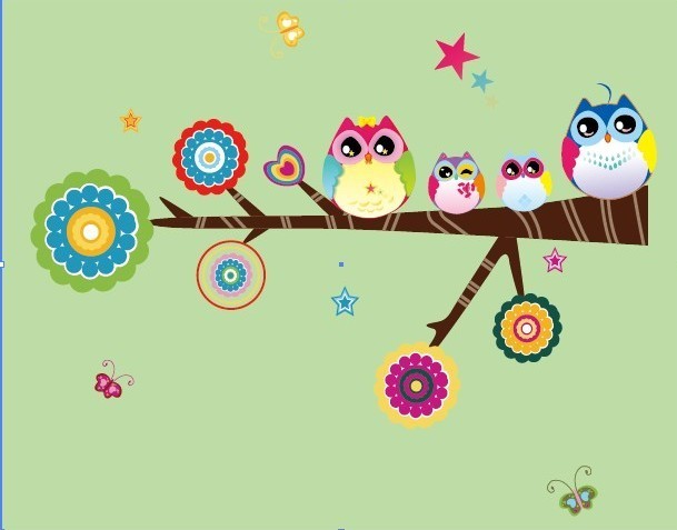 Cartoon colorful owl family baby room wall decal